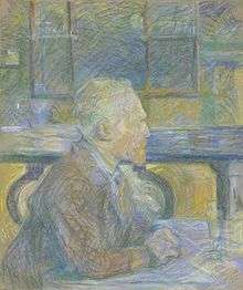 Blue-hued pastel drawing of a man facing right, seated at a table with his hands and a glass on it. He is wearing a coat. There are windows in the background.