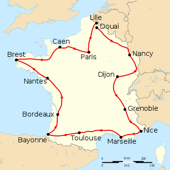 Map of France with the route of the 1906 Tour de France