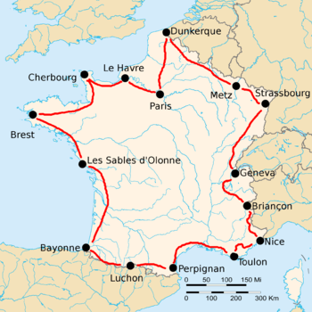 Map of France with the route of the 1923 Tour de France