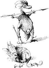 At the top, a humanoid creature with the head and lower torso of a duck stands, holding a spear with its humanoid hands attached to a scaly tortoise-like upper body.  At the bottom, a creature, with a parrot-like head and a lion's torso, lies on the ground, bellowing.