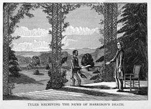 An illustration: Tyler stands on his porch in Virginia, approached by a man with an envelope. Caption reads "Tyler receiving the news of Harrison's death."