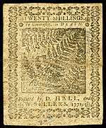 Pennsylvania colonial currency, 20 shilling, 1771 (reverse)