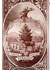Vermont state coat of arms from the reverse of the National Bank Note Series 1882BB
