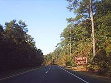 One direction of a divided highway passing through a forest with a brown sign stating Pocomoke River State Park Shad Landing is the next right turn