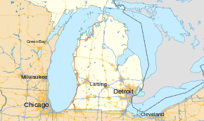 US 31 runs north–south through the Lower Peninsula of Michigan, crossing into the state from Indiana near Niles and then running along the Lake Michigan shoreline from the Benton Harbor–St. Joseph area to Mackinaw City