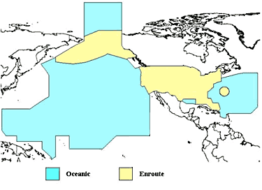 Map of approximately the Northern Hemisphere from Japan & New Guinea (left edge) to middle of North Atlantic Ocean. The map shows yellow over the continental U.S. and Bahamas, Alaska (and much of the Bering Sea), and a yellow circle around Bermuda. Most of the Northern Pacific is colored blue along with a small section in the middle of the Gulf of Mexico, and the western half of the North Atlantic from roughly the latitude of Maine to the northern edge of the Leeward Islands (or Puerto Rico).