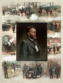  Colored print of portrait of Grant surrounded by scenes from his military career