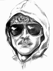 A pencil sketch of a man wearing a hood and sunglasses, with a mustache.