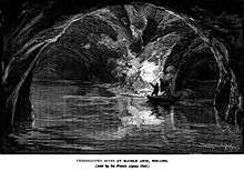 Black-and-white line drawing of an underground river, with a man standing in a boat, holding a flare which lights the arched ceiling.