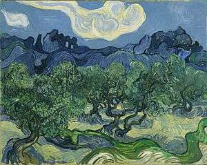 A squarish painting of green winding olive trees; with rolling blue hills in the background and white clouds in the blue sky above.