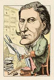 Drawing of a man with a large head, seated facing the viewer, wearing a pale green coat and cutting up a printed sheet of paper with large scissors