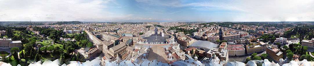 360-degree view from the dome of St. Peter's Basilica, looking over the Vatican's Saint Peter's Square (centre) and out into Rome, showing Vatican City in all directions.
