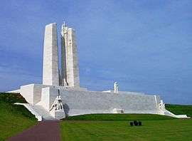 The Vimy memorial from the front facing side. The memorial is very wide indicative of being a photo from after the restoration.