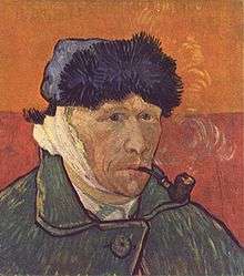 A portrait of Vincent van Gogh from the right; he is smoking a pipe, wearing a winter hat. His ear is bandaged and he has no beard.