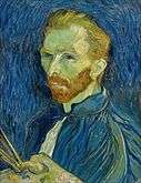  A portrait of Vincent van Gogh from the left (good ear) holding a palette with brushes.  He is wearing a blue cloak and has yellow hair and beard. The background is a deep violet.