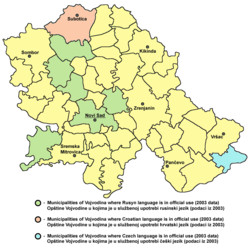 Map of Vojvodina, a province of Serbia, with Czech in official use in one southeastern municipality