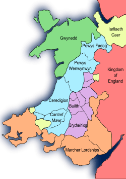 Map of Wales in 1267 showing territory controlled by Edward and various Welsh princes