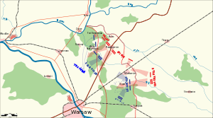 Map of the area north-east of Warsaw, south-west of Modlin, with Radzymin and Wołomin in the centre. Main Russian attacks of August 14 marked with arrows.