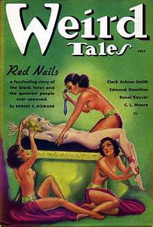 Magazine cover showing a naked woman held on an altar by other woman and about to be sacrificed.