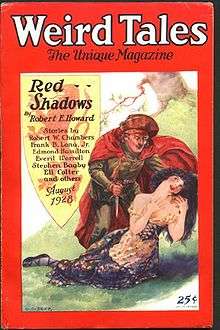 Red bordered magazie cover; the central illustration shows a man holding a supine woman