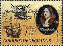 A one-dollar postage stamp portrays Dampier, a Jolly Roger and a sailing ship
