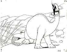 A black and white drawing from an animated cartoon, with small crosses marked.  A dinosaur lifts a man in its mouth.