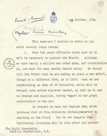 The first page of a letter from Churchill to Chamberlain, 1939