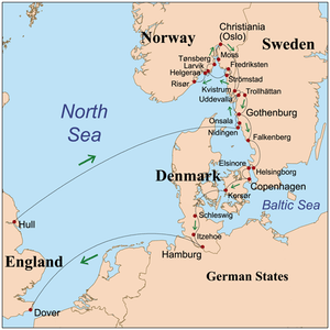 Map showing Wollstonecraft's route through Denmark, Sweden, Norway, and the German States