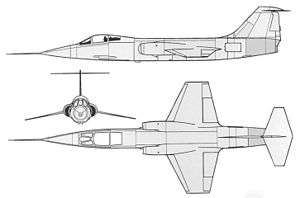 Line drawings showing top, side and front view of aircraft