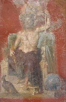 Painting of a bearded, seated Jupiter, unclothed from the waist up and holding a staff