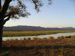 The viewer stands by a tree beside a stream. On the other side can be seen a wide, flat field and, in the distance, mountains.