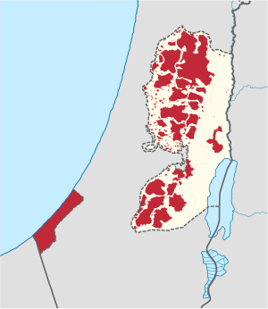 Map showing areas of Palestinian Authority control orjoint control (red) as of 2006.