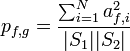 p_{f,g} = \frac{\sum_{i=1}^N a_{f,i}^2}{|S_1| |S_2|}