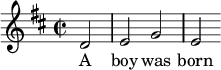  { \set Score.automaticBars = ##f  \key d \major \time 2/2 \relative c' {d2 \bar "|" e2 g2 \bar "|" e2} \addlyrics {A boy was born } }