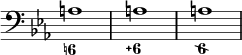 { \override Score.TimeSignature #'stencil = ##f \time 4/4 \key c \minor \clef bass << { a1 a a } \figures { < 6! >1 < 6\+ > <6\\> } >> }