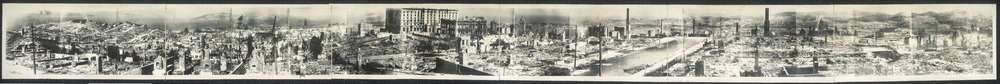 A 360 degree panoramic view of damage across the city after the disaster in 1906. In the distance large buildings remain but local structures are reduced to piles of rubble, with some chimney stacks remaining.