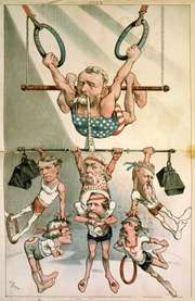 Grant, shown in a cartoon as an acrobat hanging from rings, holding up multiple politician/acrobats