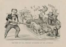 Cartoon, entitled "The 'Boy of the Period' Stirring up the Animals', shows Fisk poking bulls and bears and a man running toward them with a bag in his hand