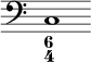 { \override Score.TimeSignature #'stencil = ##f \time 6/4 \clef bass << { c1 } \figures { < 6 4 >1 } >> }