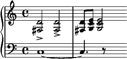  { \new PianoStaff << \new Staff \relative c' { \clef treble <d fis,>2-> <d fis,>-> | <d fis,>8 <e c g> <e c g>2 } \new Staff \relative c { \clef bass c1~ | c4. r8 s4 } >> } 