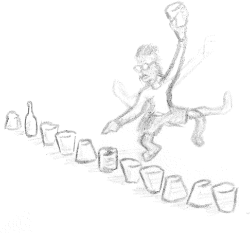 drawing of a person dancing behind a row of cups and bottles