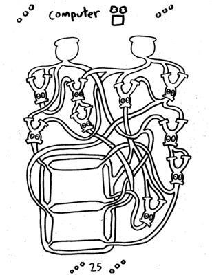 a coloring computer: several paths connected to creatures with eyes and a seven segment display