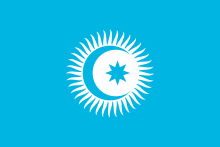 Sun, crescent moon and star against a light-blue background